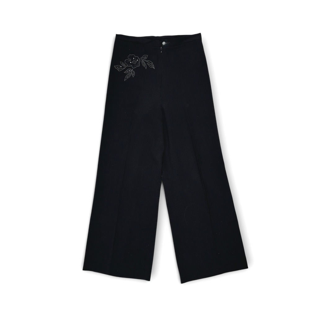 Vintage Black Wide Leg Trousers Floral  Accent High Waist Dress Pants 28